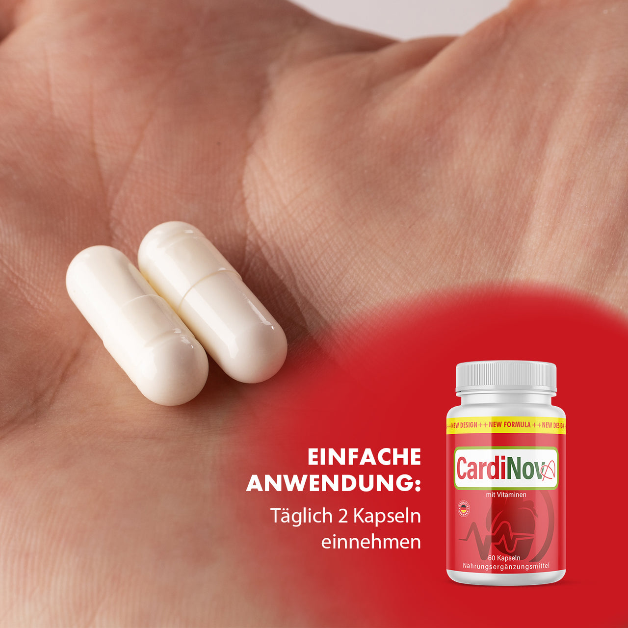 Hand mit zwei weißen Kapseln, Text tägliche Einnahme von 2 Kapseln, CardioNova Dose