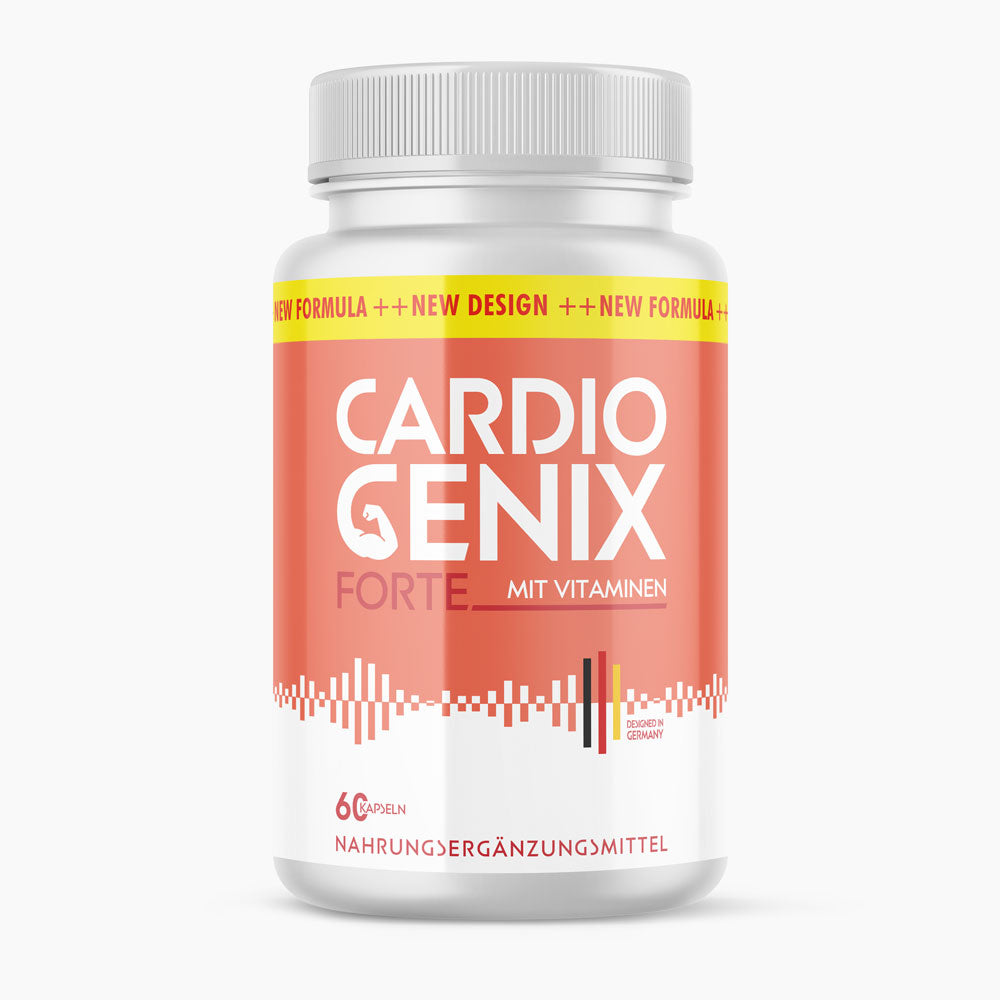 Nahrungsergänzungsmittel-Dose Cardio Genix Forte mit farbigem Etikett und 60 Kapseln