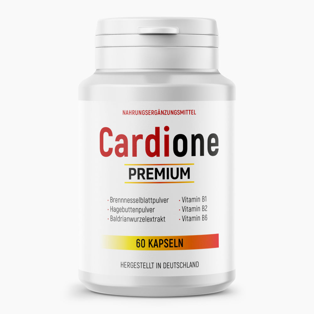 Weiße Kunststoffdose mit Etikett Cardione Premium, 60 Kapseln und Auflistung von Pflanzenpulvern und Vitaminen