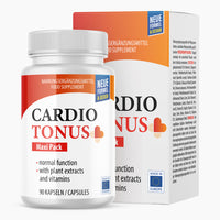 Thumbnail for Weiße Kunststoffdose mit Schrift Cardiotonus Maxi Pack mit 90 Kapseln vor passender Faltschachtel mit Farbverlauf