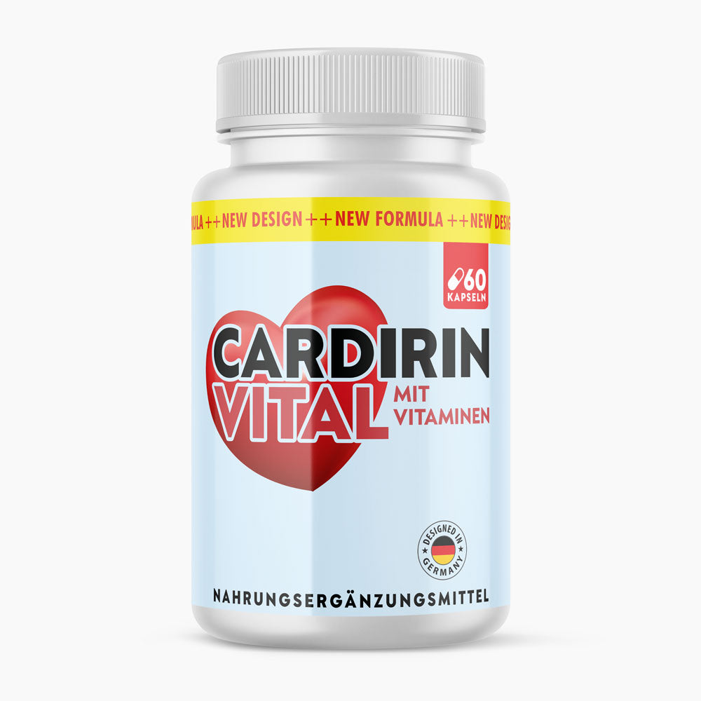 Dose Cardirin Vital mit rotem Herzmotiv und gelbem Band sowie Hinweis auf 60 Kapseln