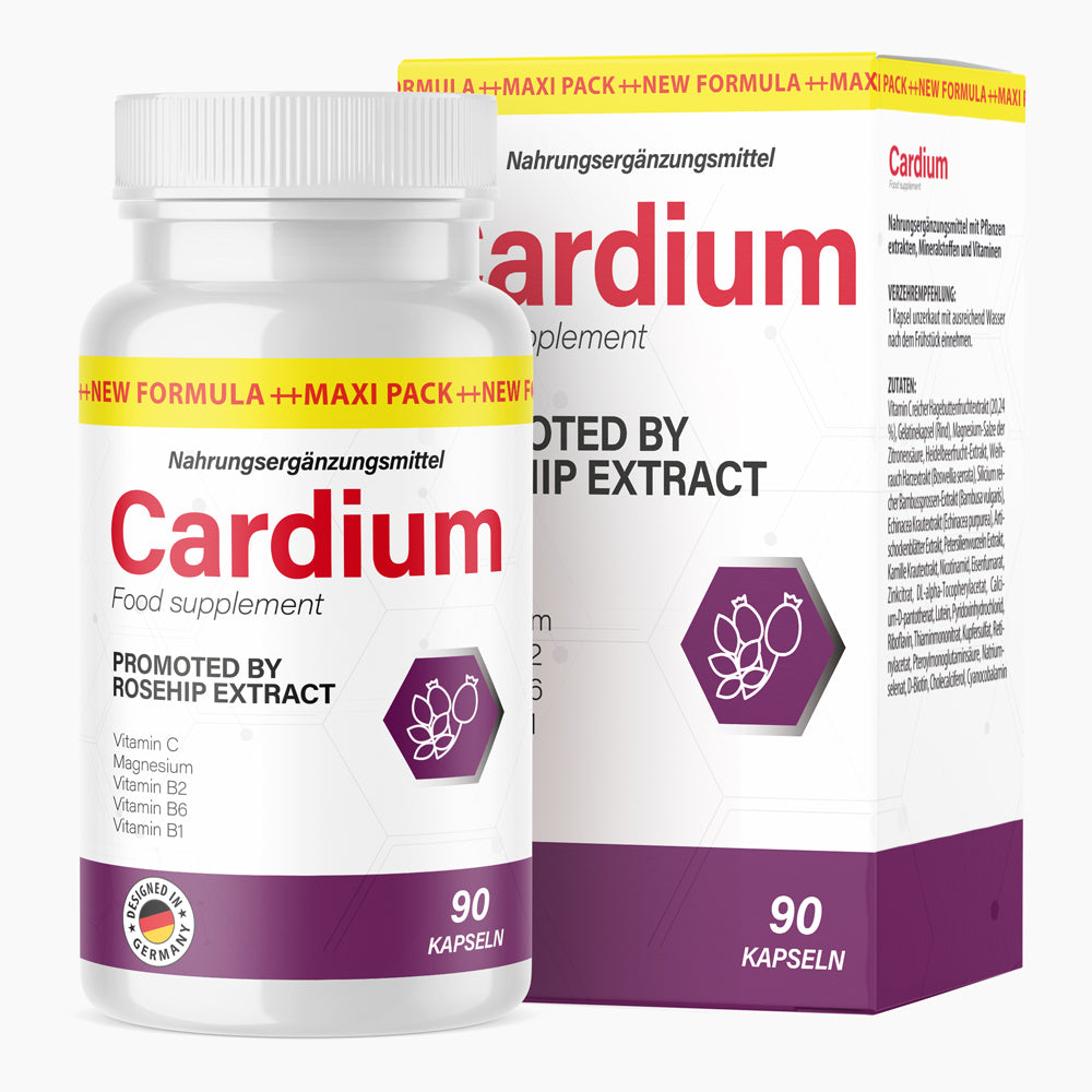 Cardium Kapseln, 90 Stück, abgebildet mit weiß-lila Dose und Faltschachtel