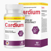 Thumbnail for Cardium Kapseln, 90 Stück, abgebildet mit weiß-lila Dose und Faltschachtel