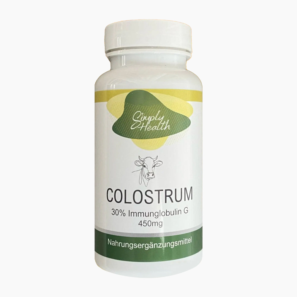Weiße Dose mit grünem Streifen, Aufschrift Colostrum 30 % Immunglobulin G 450 mg