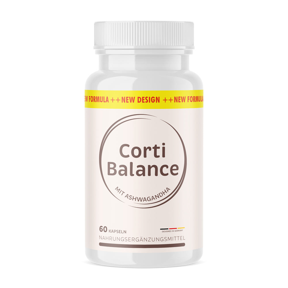 Weiße Kunststoffdose mit Aufdruck Corti Balance mit Ashwagandha, 60 Kapseln