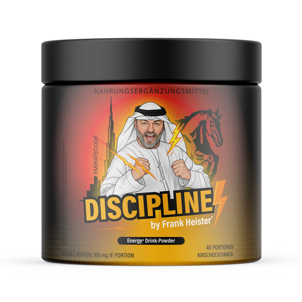 Schwarze Dose mit Aufdruck Discipline 40 Portionen und Abbildung Mann Gebäude Pferdeumriss