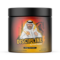 Thumbnail for Schwarze Dose mit Aufdruck Discipline 40 Portionen und Abbildung Mann Gebäude Pferdeumriss