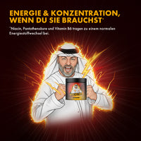 Thumbnail for Gezeichneter Mann mit Energieeffekten hält die DISCIPLINE-Dose vor dunkelrotem Hintergrund