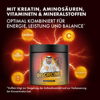 Thumbnail for DISCIPLINE-Dose vor rotem Hintergrund mit leuchtenden Kreatin-, Vitamin- und Elektrolyt-Kugeln