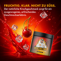 Thumbnail for Kirsche und Eiswürfel im roten Splash, davor die Kirschgeschmack-Dose DISCIPLINE