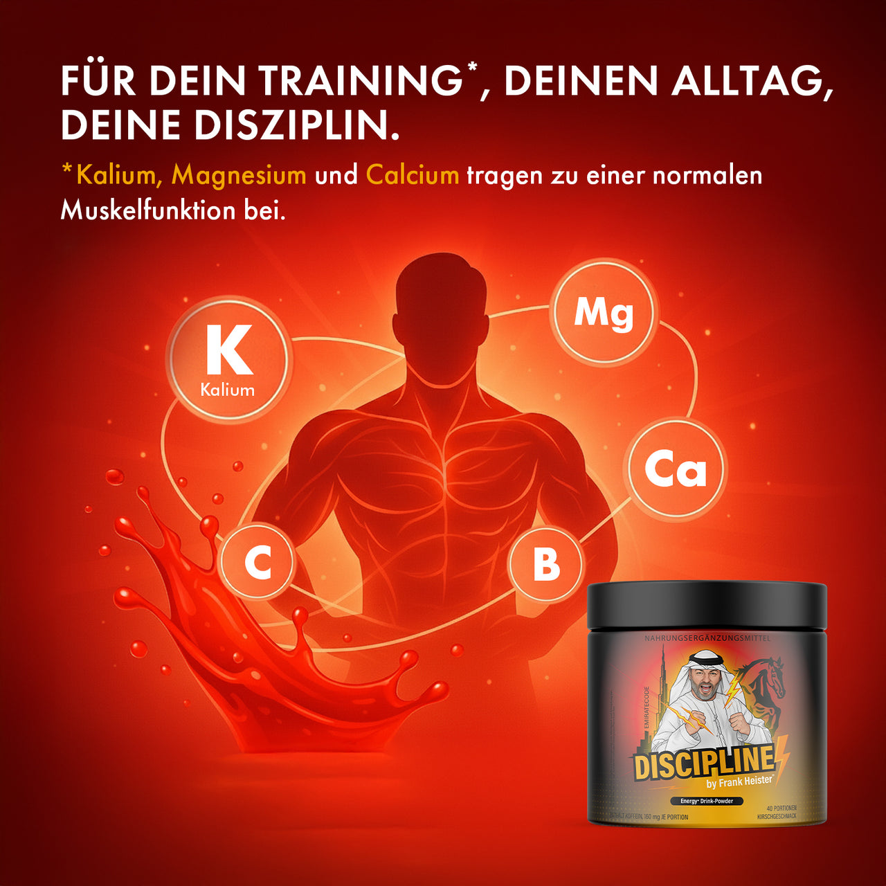 Muskelhafte Silhouette mit Nährstoffsymbolen auf Rot, rechts die DISCIPLINE-Pulverdose