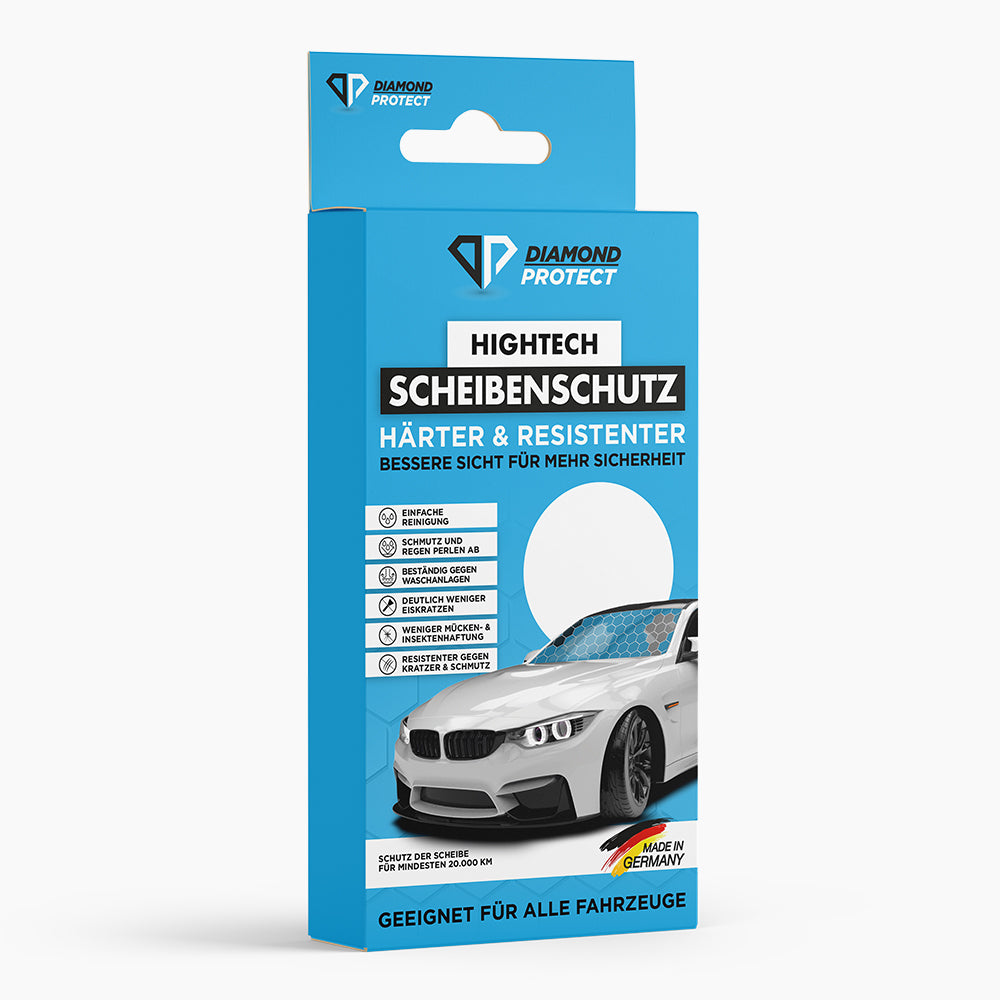 Blaue Verpackung mit Schrift Hightech Scheibenschutz und gezeichneter Front eines weißen Autos