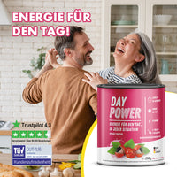Thumbnail for Paar tanzt in Küche mit Dose Day Power Nahrungsergänzung und Bewertungssiegeln im Vordergrund