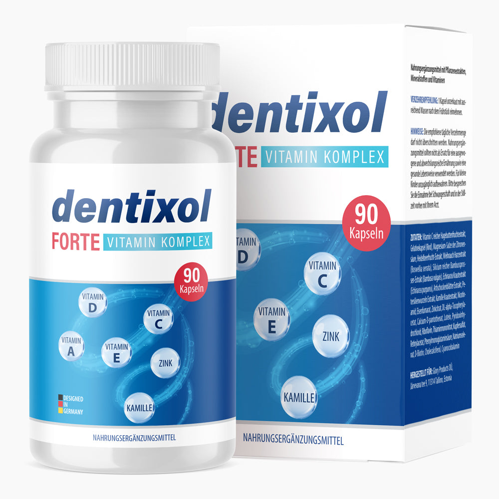 Weiße Kunststoffdose mit Schrift dentixol Forte Vitamin Komplex, 90 Kapseln und Faltschachtel mit Symbolen