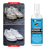 Thumbnail for Zwei Bilder weiße Schuhe verschmutzt und sauber, daneben Flasche mit Aufschrift Schuh- & Textilschutz