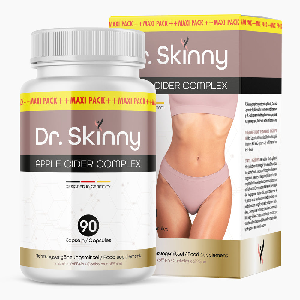 Weiße Kunststoffdose mit Etikett Dr. Skinny und Apple Cider Complex, 90 Kapseln