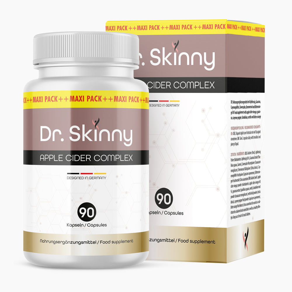 Weiße Kunststoffdose mit braunem Etikett Dr. Skinny Apple Cider Complex, 90 Kapseln vor passender Faltschachtel
