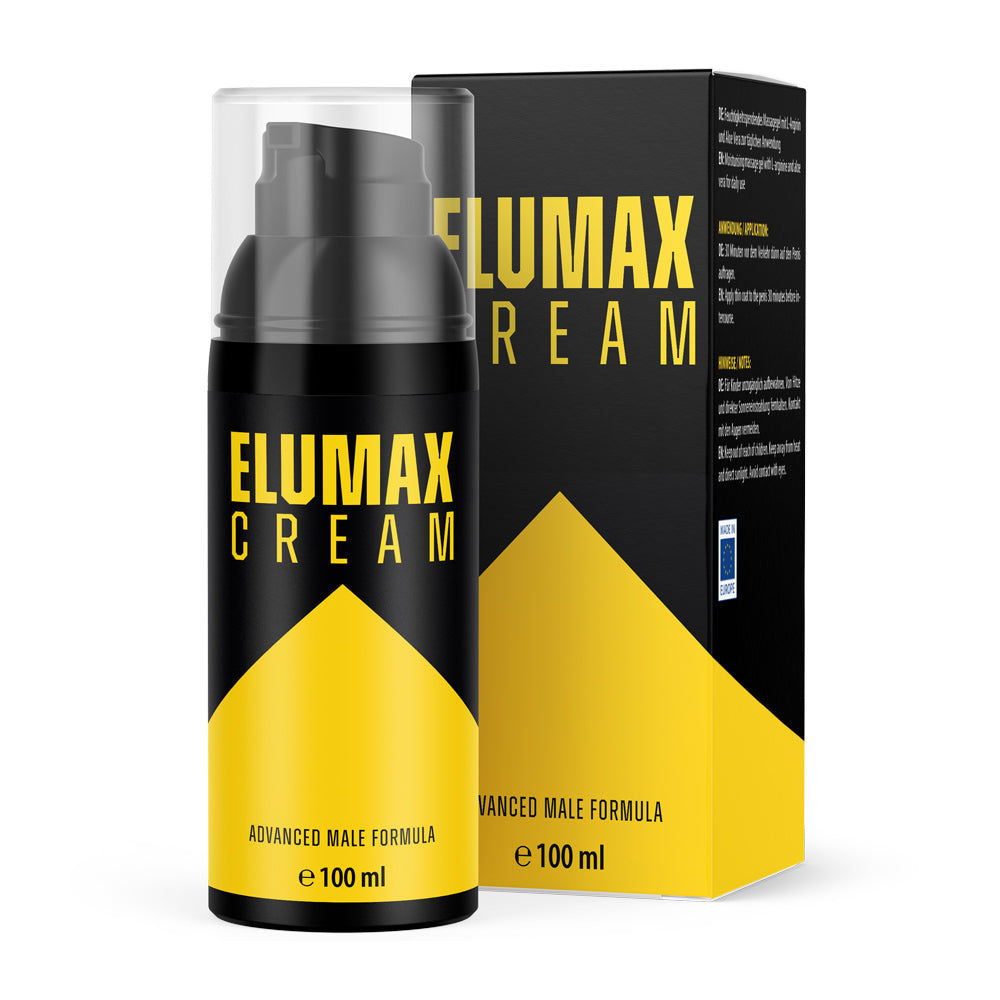 ELUMAX CREAM 100 ml in schwarzer Pumpflasche mit gelbem Etikett vor passender Produktverpackung