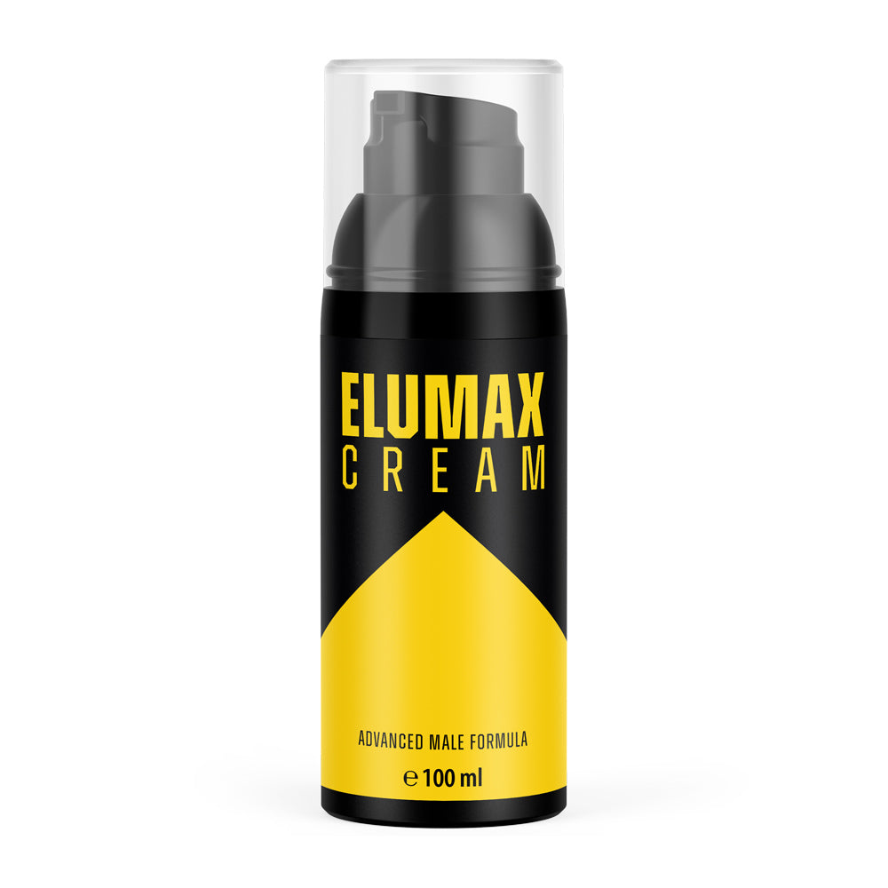 Schwarze Pumpflasche ELUMAX CREAM mit gelbem Etikett und Aufschrift Advanced Male Formula