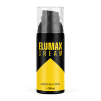 Thumbnail for Schwarze Pumpflasche ELUMAX CREAM mit gelbem Etikett und Aufschrift Advanced Male Formula
