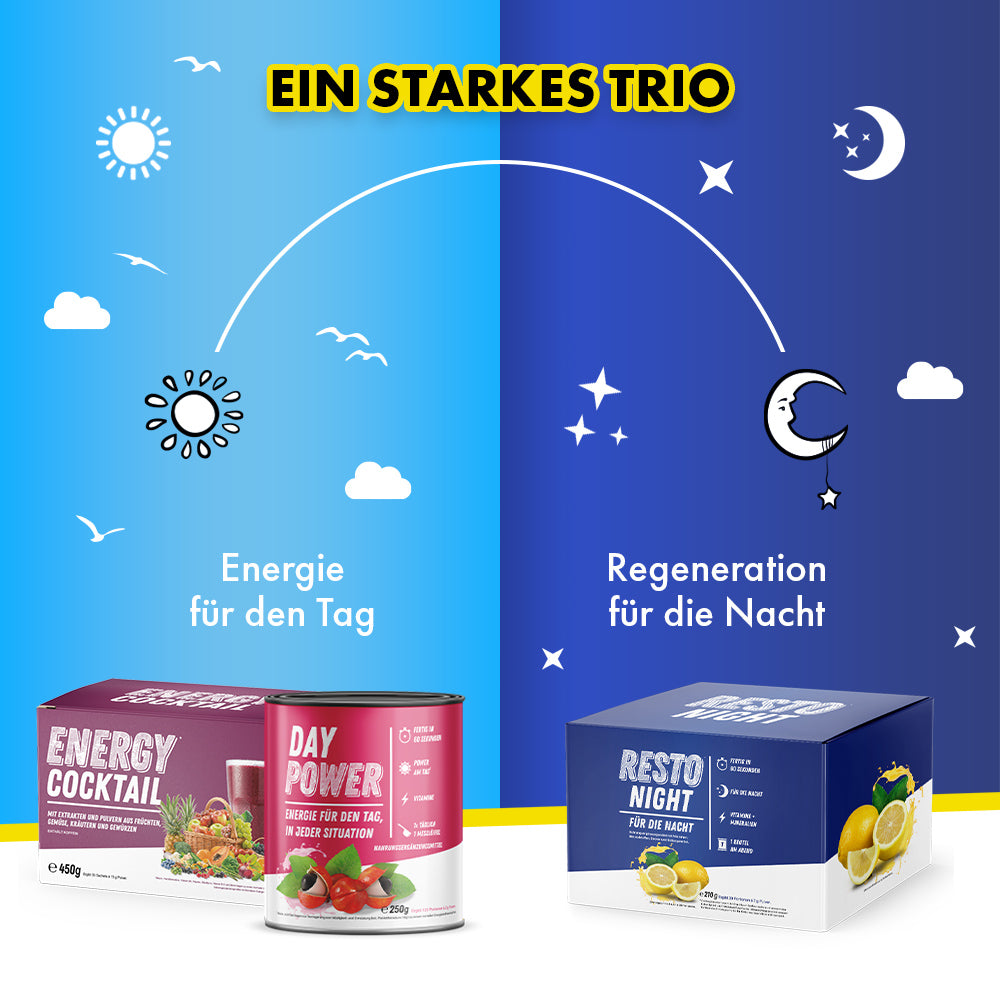 Verpackungen von Nahrungsergänzung für Tag und Nacht unter dem Titel Ein starkes Trio