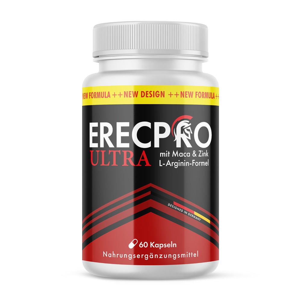 Dose des Nahrungsergänzungsmittels ERECPRO Ultra mit Maca, Zink und L-Arginin-Formel in Rot-Schwarz