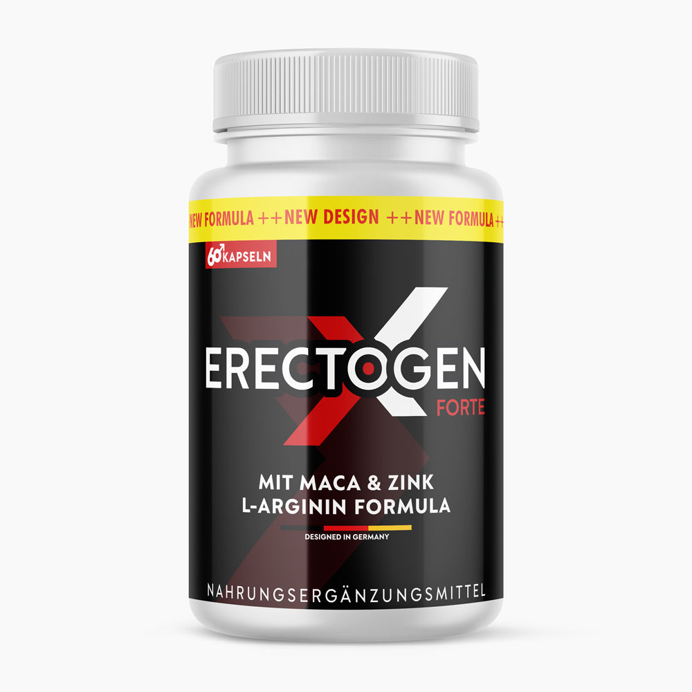 Schwarze Dose ErectogenX Forte und Angaben zu Maca, Zink und L-Arginin, 60 Kapseln
