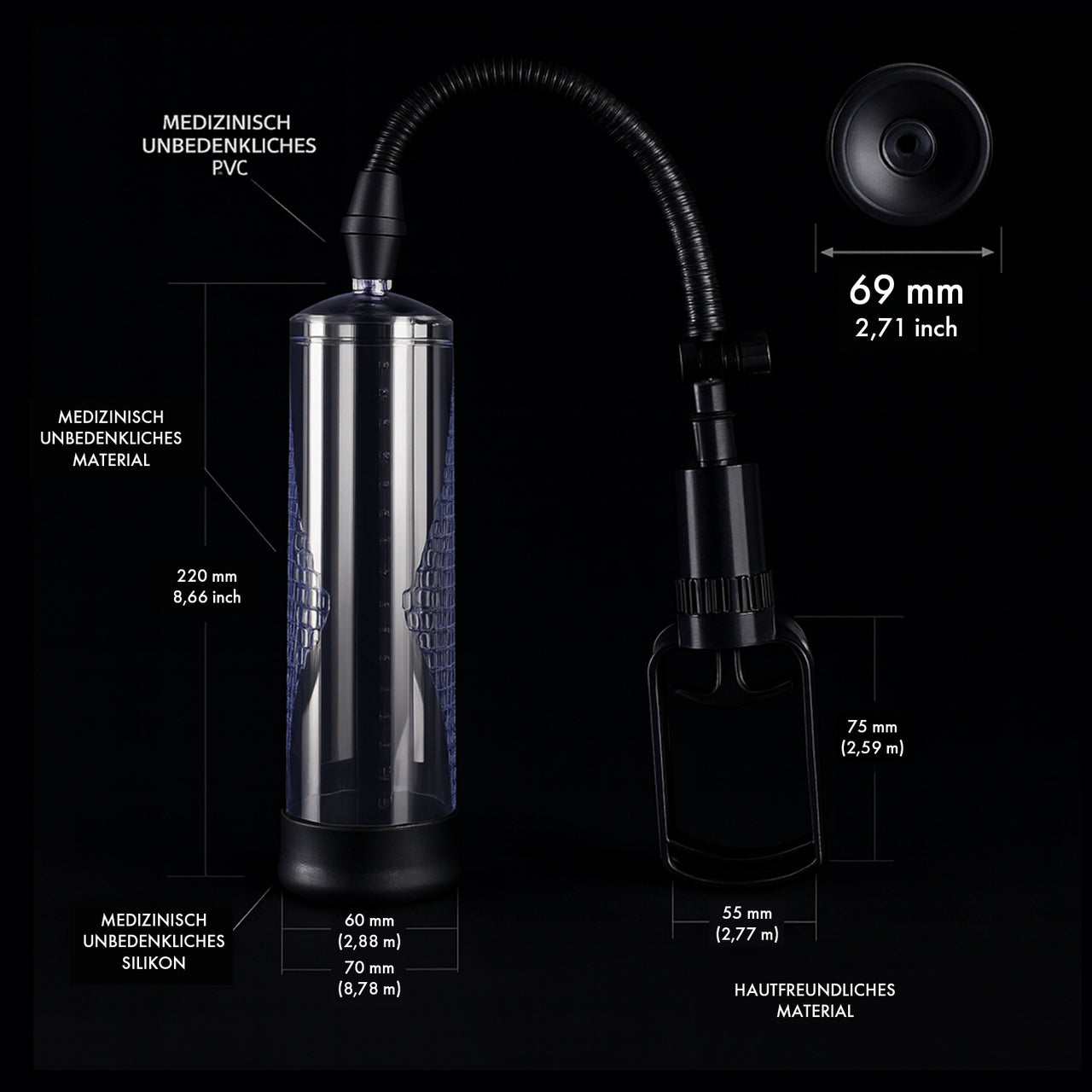 Maßgrafik Penispumpe: Zylinder 220 mm, Öffnung 69 mm, Handpumpe 75×55 mm