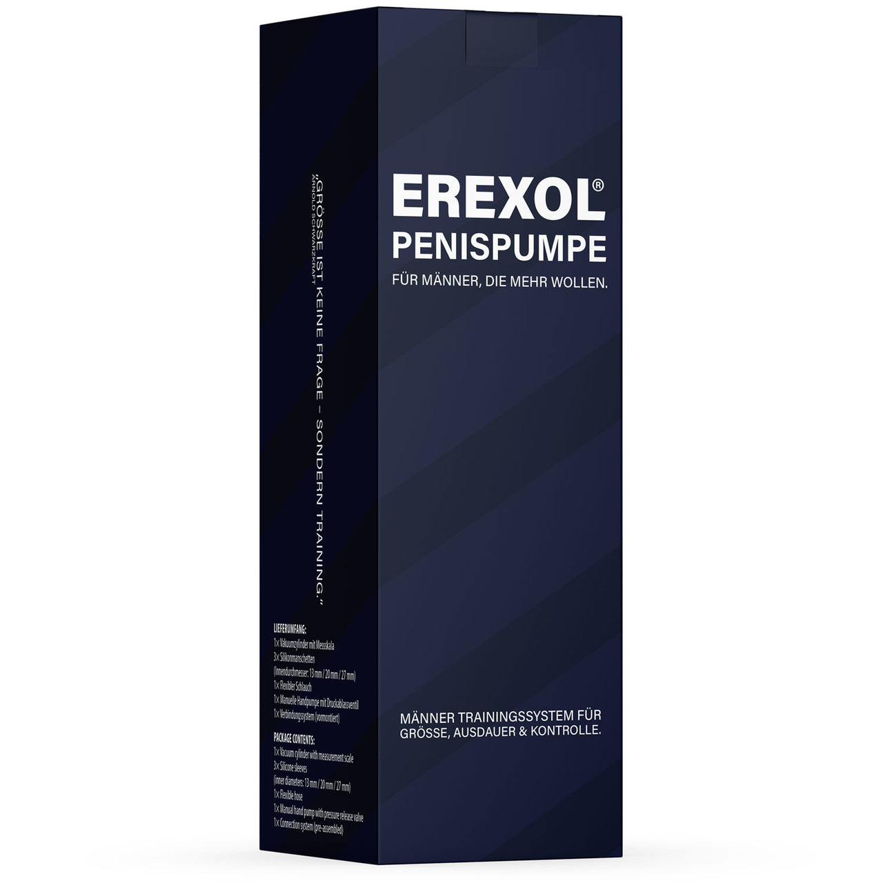 Dunkelblaue Verpackung mit Aufdruck „EREXOL Penispumpe“ und „Für Männer, die mehr wollen“