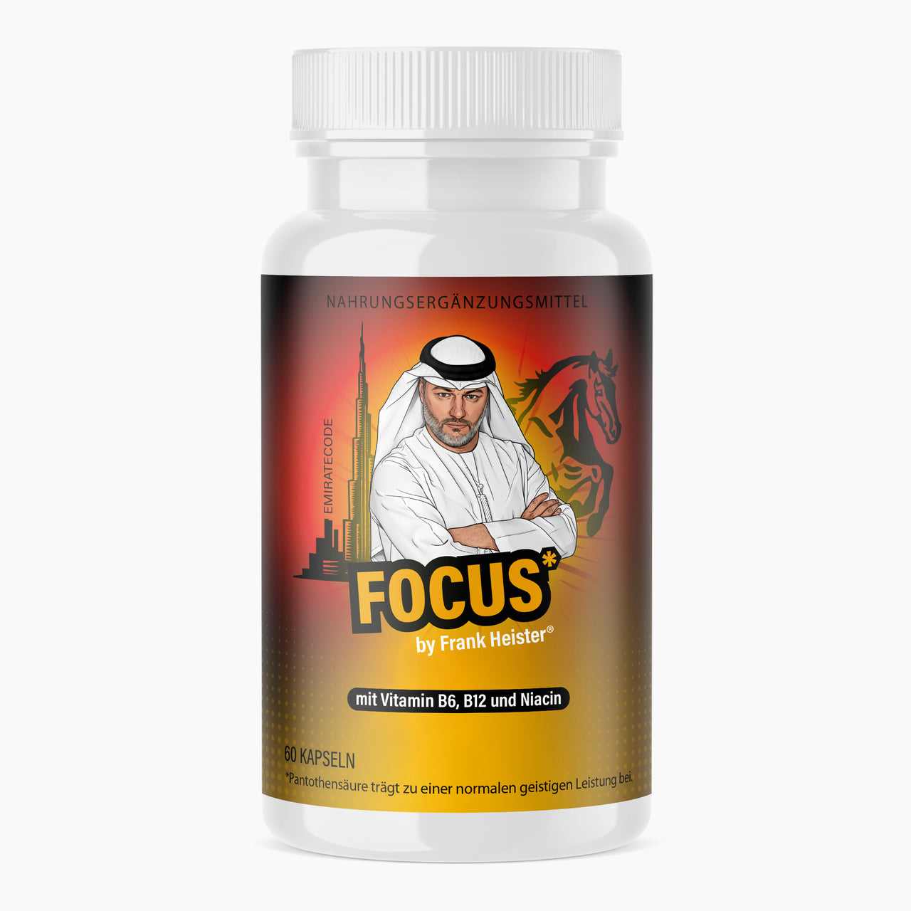 Weiße Dose mit Aufdruck Focus 60 Kapseln und Abbildungen von Mann Gebäude und Pferdeumriss