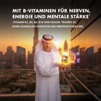 Thumbnail for Mann in traditioneller Kleidung hält leuchtendes Vitaminpräparat vor Skyline bei Sonnenuntergang