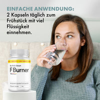 Thumbnail for Frau trinkt Wasser neben Dose Be Fit & Smart FBurner mit sichtbarem Einnahmehinweis im Bild
