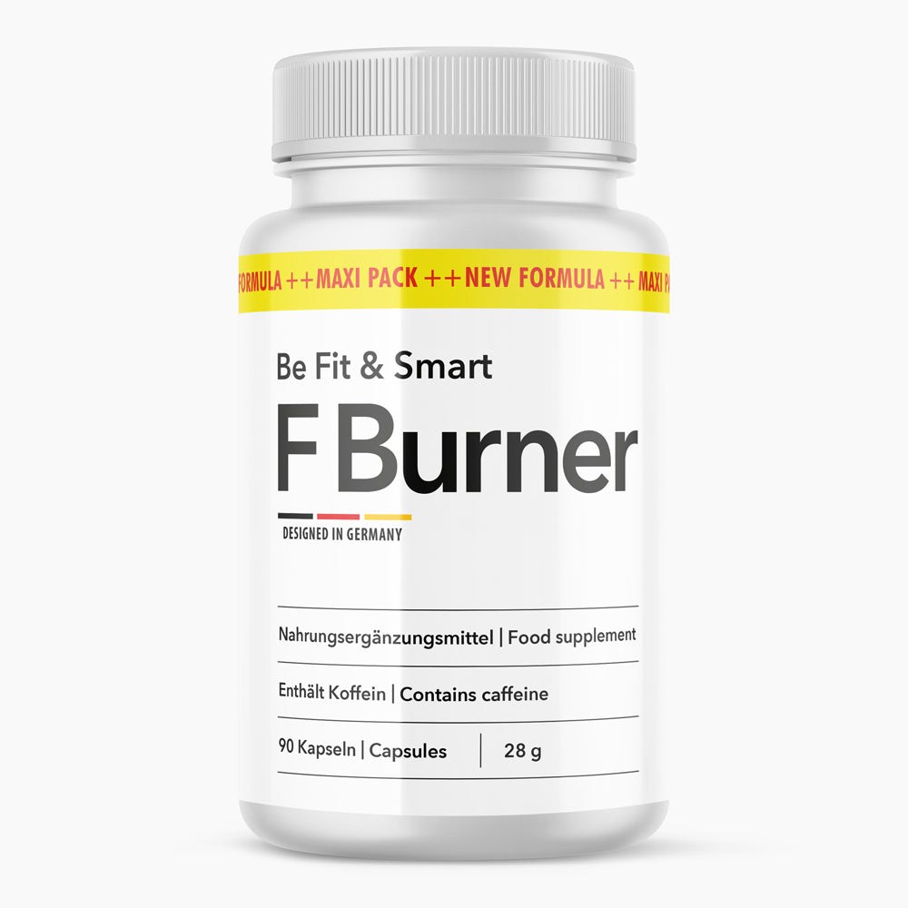Weiße Kunststoffdose mit schwarzer Schrift F Burner, Aufdruck Be Fit & Smart, 90 Kapseln