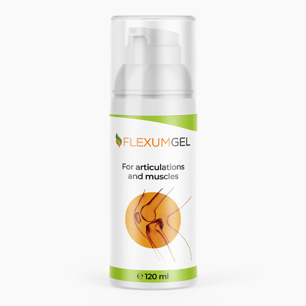 Flasche mit Pumpspender und Schrift FlexumGel, 120 ml, weiß-grünes Etikett mit Gelenkgrafik