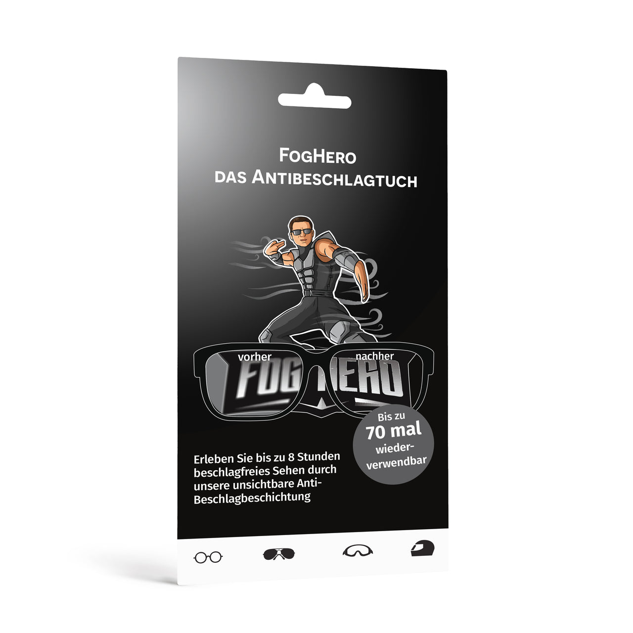 Schwarze Verpackung FogHero Antibeschlagtuch mit Heldengrafik, Brille und Textangaben