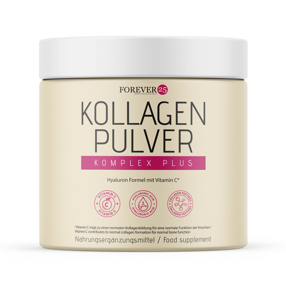 Dose mit weißem Deckel und Schrift Kollagen Pulver Komplex Plus von Forever 25