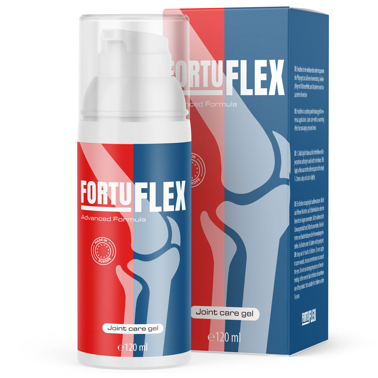 Dose mit Spenderaufsatz mit FORTUFLEX-Schriftzug und Gelenkgrafik vor farbiger Faltschachtel