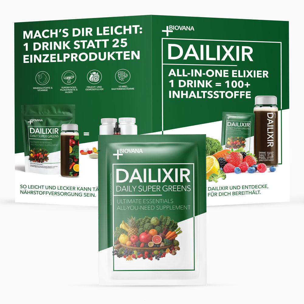 Dailixir-Packung mit grünem Etikett und Abbildungen von Obst und Gemüse vor grüner Werbefläche