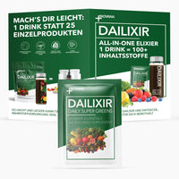 Thumbnail for Dailixir-Packung mit grünem Etikett und Abbildungen von Obst und Gemüse vor grüner Werbefläche