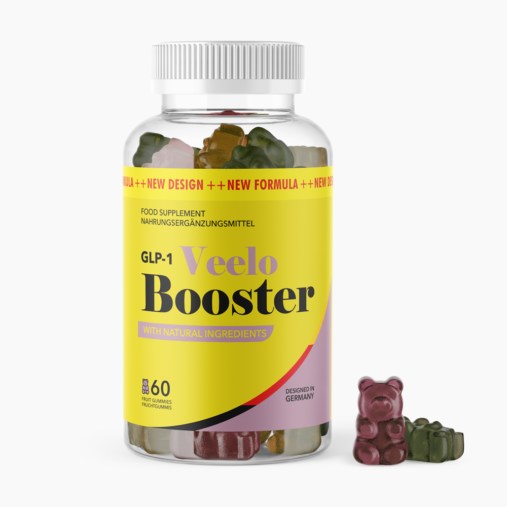 GLP-1 Veelo Booster Fruchtgummis in transparenter Dose mit gelbem Etikett, 60 Stück