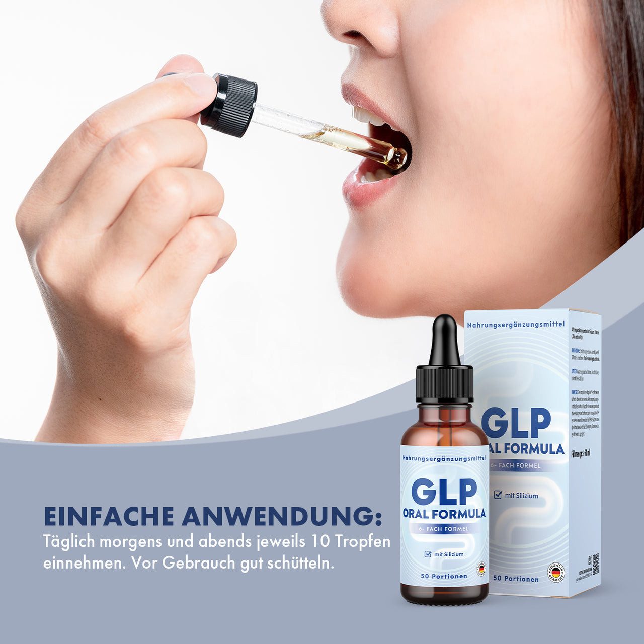 Anwendung GLP Oral Formula Tropfen Einnahme mit Pipette morgens und abends je 10 Tropfen