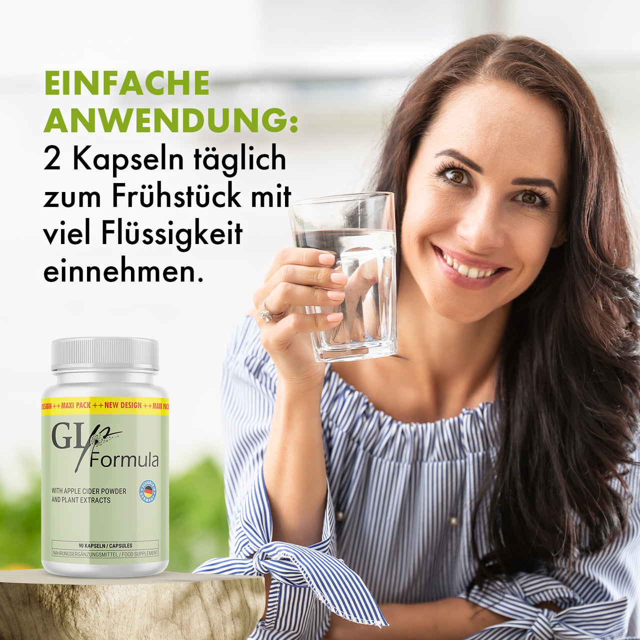 Frau hält Wasserglas neben GLP Formula Dose auf Holz und sichtbarem Einnahmehinweis oben links