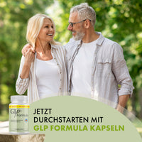 Thumbnail for Älteres Paar im Grünen neben GLP Formula Dose und großem Textfeld Jetzt durchstarten unten
