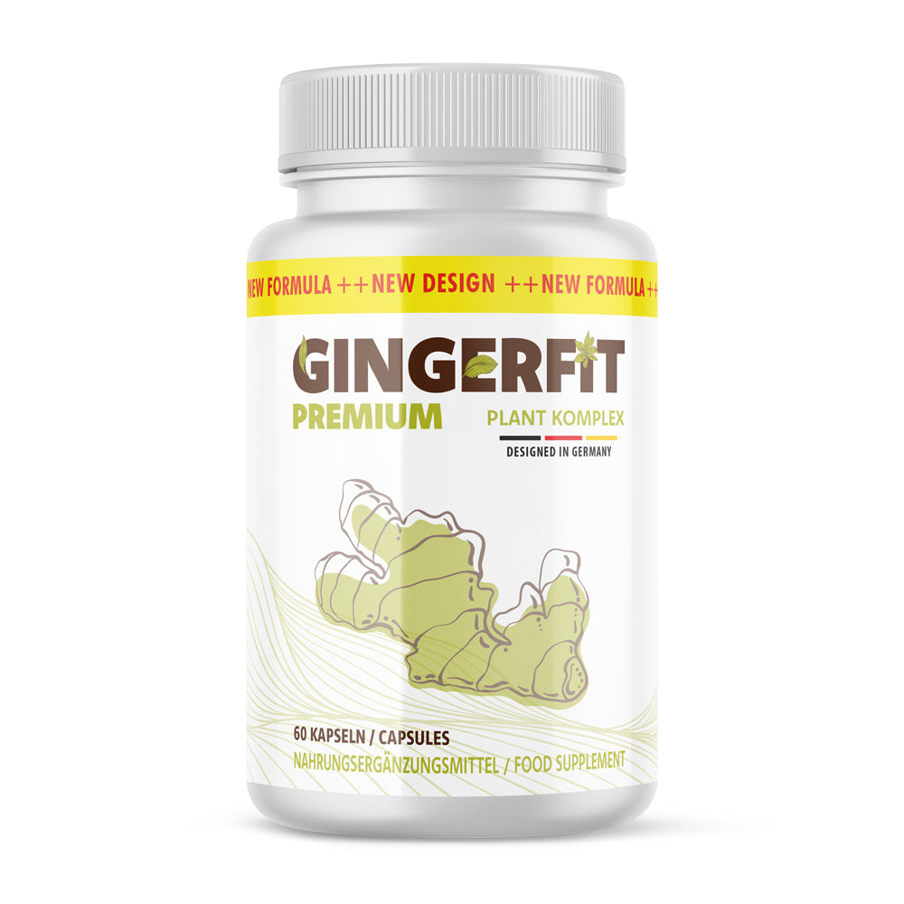 Dose Gingerfit Premium Plant Komplex 60 Kapseln mit brauner Schrift und gezeichneter Ingwerwurzel