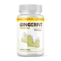 Thumbnail for Dose Gingerfit Premium Plant Komplex 60 Kapseln mit brauner Schrift und gezeichneter Ingwerwurzel