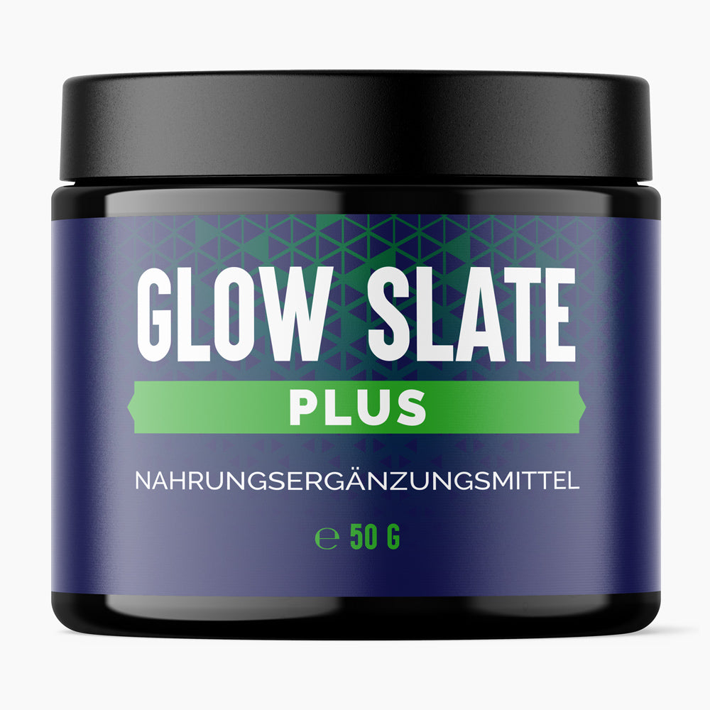 Glow Slate Plus Dose mit 50 g Inhalt, Nahrungsergänzungsmittel im schwarzen Tiegel