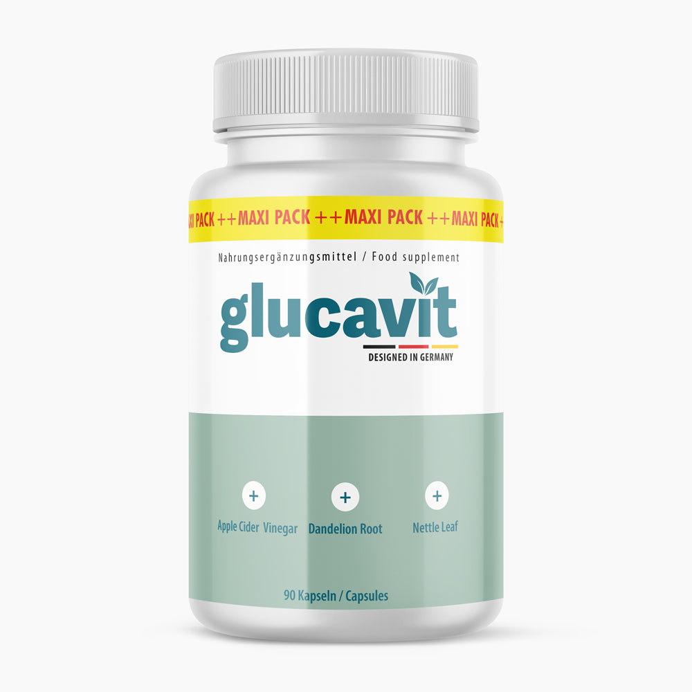 Kunststoffdose mit Schrift Glucavit, 90 Kapseln, türkisfarbenes Etikett mit Symbolen