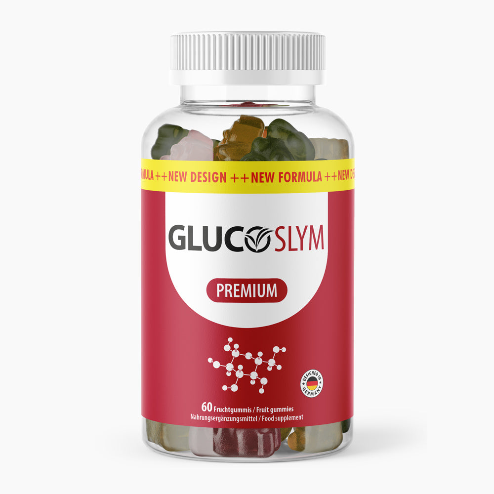 Dose GlucoSlym Premium Fruchtgummis Nahrungsergänzungsmittel mit rotem Etikett