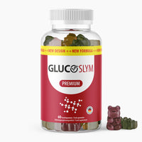 Thumbnail for Kunststoffdose mit Aufdruck Glucoslym Premium mit 60 Fruchtgummis und daneben liegenden Fruchtbärchen