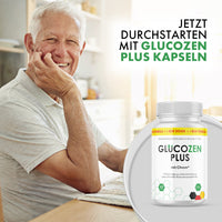 Thumbnail for Älterer Mann sitzt lächelnd am Tisch, daneben Abbildung der Glucozen Plus Dose und Werbetext